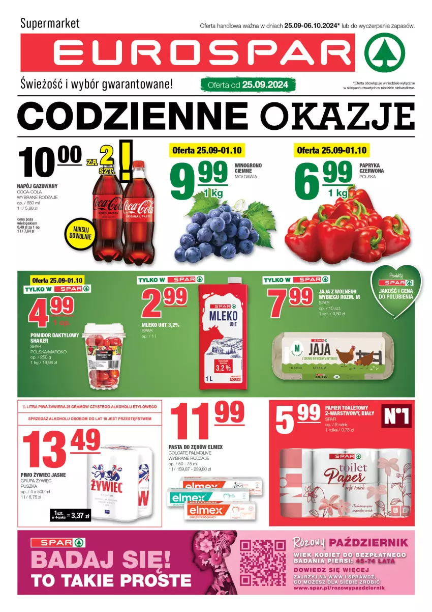 Gazetka promocyjna Spar - EuroSpar - ważna 23.09 do 03.10.2024 - strona 1 - produkty: Coca-Cola, Colgate, Elmex, Jaja, LG, Mleko, Napój, Napój gazowany, Palmolive, Papryka, Pasta do zębów, Piwo, Wino