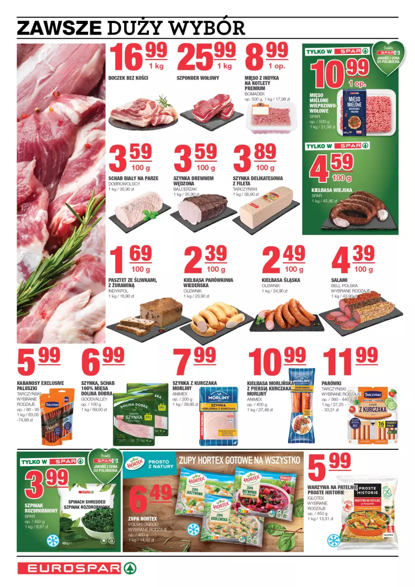 Gazetka promocyjna Spar - EuroSpar - ważna 23.09 do 03.10.2024 - strona 4 - produkty: Bell, Boczek, Boczek bez kości, Kabanos, Kiełbasa, Kiełbasa śląska, Kotlet, Kurczak, Mięso, Mięso z indyka, Morliny, Olewnik, Parówki, Pasztet, Salami, Szpinak, Szponder wołowy, Szynka, Szynka delikatesowa, Tarczyński, Warzywa