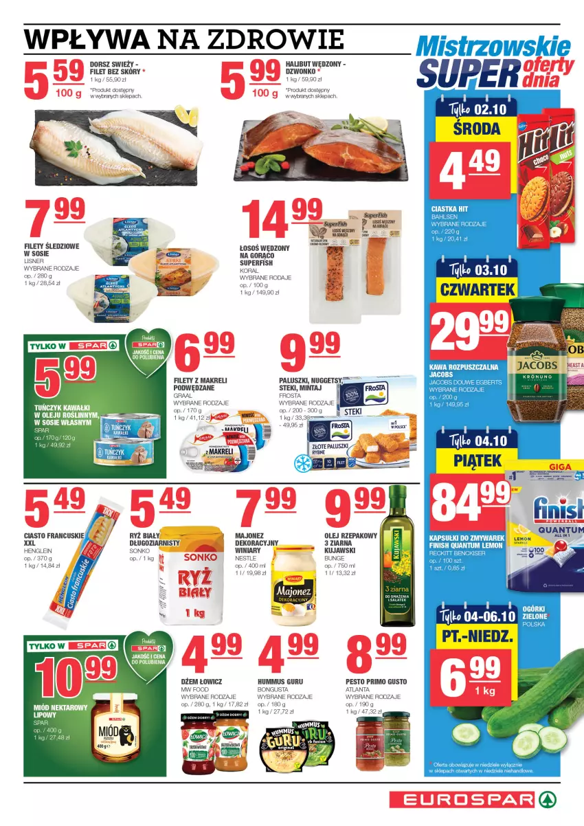 Gazetka promocyjna Spar - EuroSpar - ważna 23.09 do 03.10.2024 - strona 5 - produkty: Ciastka, Ciasto francuskie, Dorsz, Dżem, Finish, Frosta, Gra, Graal, Halibut, Hummus, Jacobs, Kawa, Kawa rozpuszczalna, Kujawski, Lisner, Majonez, Mintaj, Mus, Olej, Olej rzepakowy, Pesto, Ryż, Ryż biały, Ser, Sonko, Sos, Stek, Winiary, Zdrowie