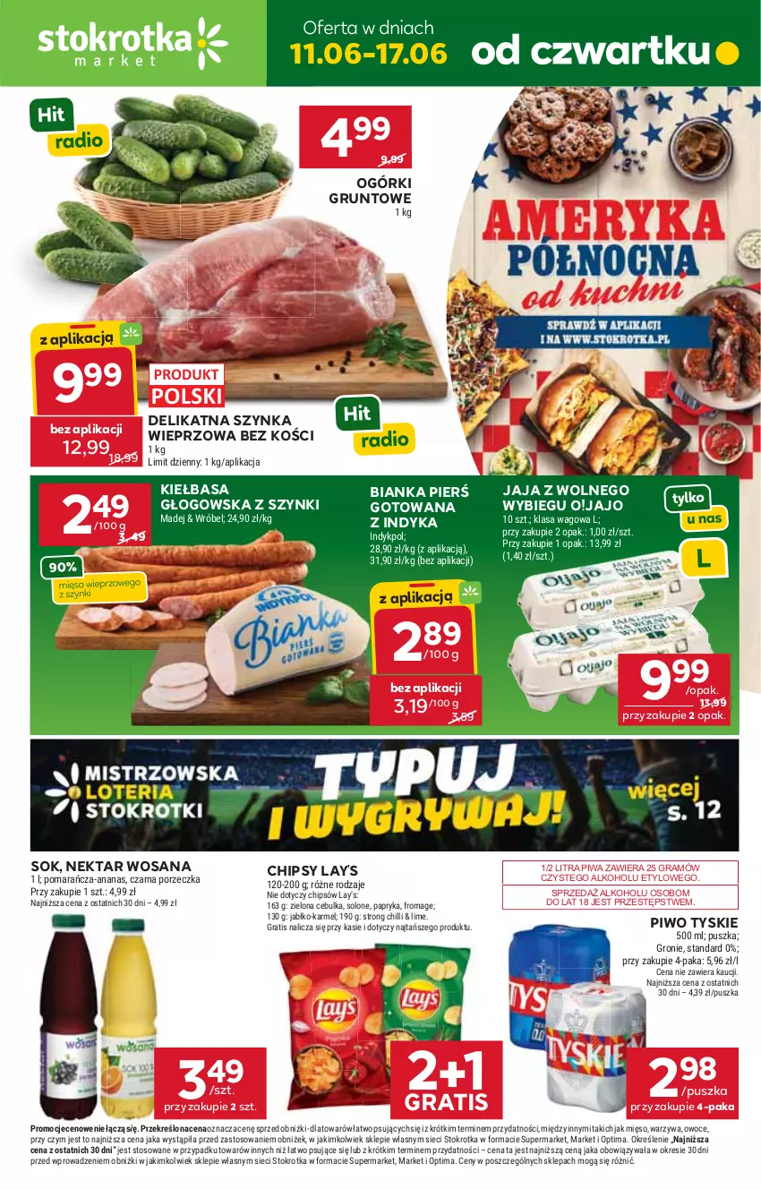 Gazetka promocyjna Stokrotka - Market - ważna 11.06 do 17.06.2026 - strona 1 - produkty: Ananas, Bianka, Chipsy, Gra, Grunt, Jaja, Jaja z wolnego wybiegu, Kiełbasa, Kiełbasa głogowska, Lay’s, Mięso, Nektar, Optima, Owoce, Papryka, Piwa, Piwo, Por, Sok, Szynka, Szynka wieprzowa, Tyskie, Warzywa, Wosana