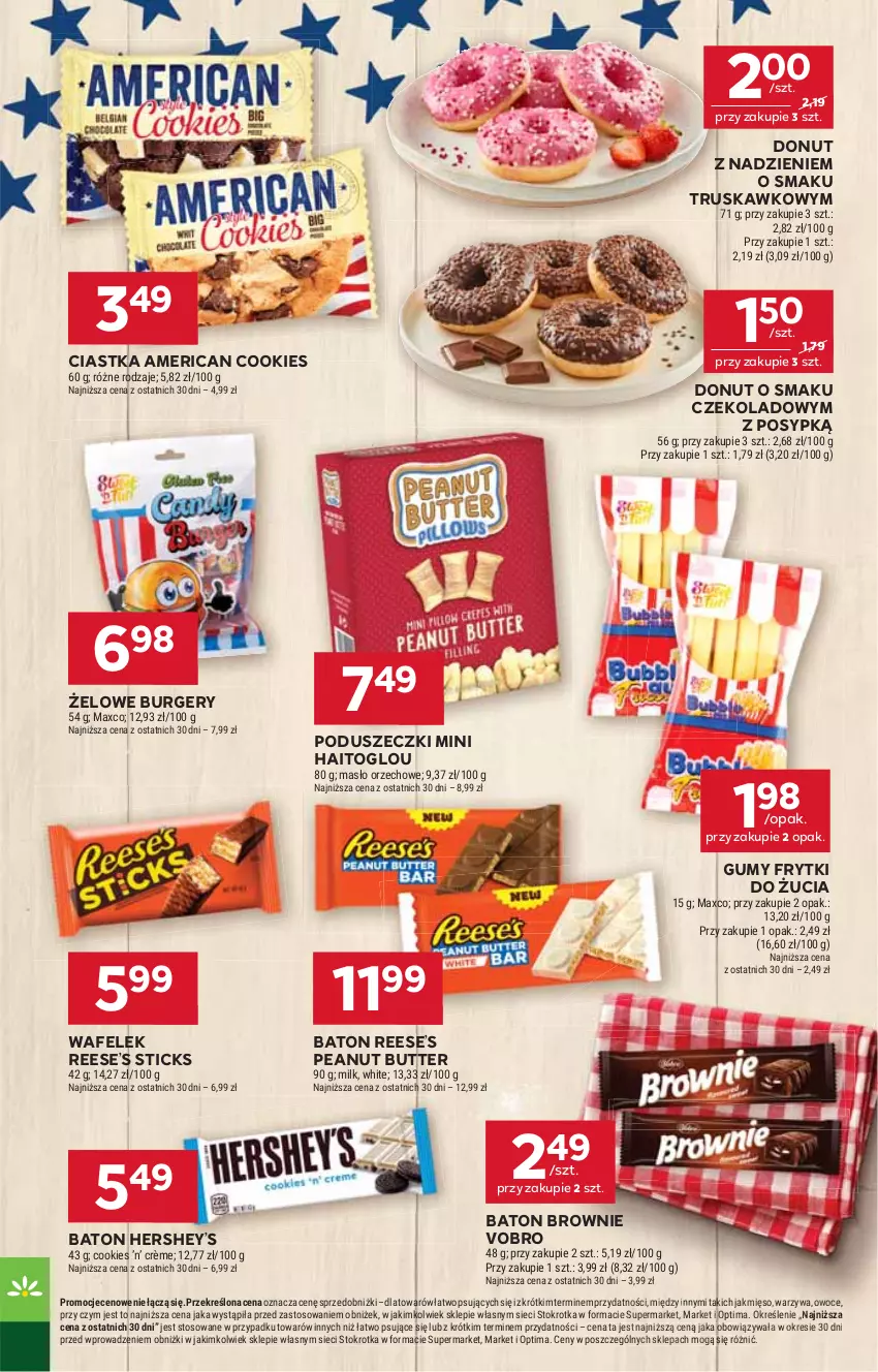 Gazetka promocyjna Stokrotka - Market - ważna 11.06 do 17.06.2026 - strona 18 - produkty: Baton, Brownie, Burger, Ciastka, Donut, Frytki, Masło, Masło orzechowe, Mięso, Optima, Owoce, Wafelek, Warzywa