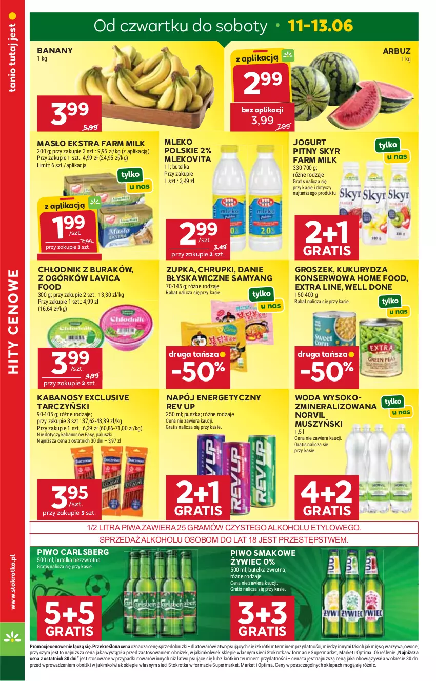 Gazetka promocyjna Stokrotka - Market - ważna 11.06 do 17.06.2026 - strona 2 - produkty: Arbuz, Banany, Carlsberg, Chrupki, Fa, Farm Milk, Gra, Groszek, Jogurt, Jogurt pitny, Kabanos, Kukurydza, Kukurydza konserwowa, Masło, Mięso, Mleko, Mlekovita, Mus, Napój, Napój energetyczny, Optima, Owoce, Piwa, Piwo, Ser, Sok, Tarczyński, Warzywa, Woda