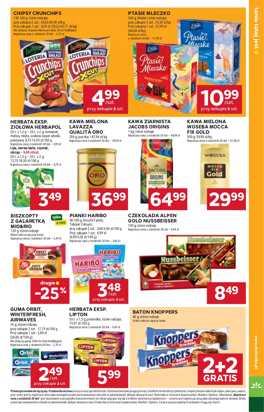 Gazetka promocyjna Stokrotka - Market - ważna 11.06 do 17.06.2026 - strona 21 - produkty: Baton, Biszkopty, Chipsy, Crunchips, Czekolada, Fa, Gala, Gin, Gra, Haribo, Herbapol, Herbata, Jacobs, Kawa, Kawa mielona, Kawa ziarnista, Knoppers, Koper włoski, Lavazza, Lipton, Mięso, Mięta, Mleczko, Mocca Fix Gold, Optima, Orbit, Owoce, Ptasie mleczko, Rum, Ser, Stek, Warzywa, Woseba