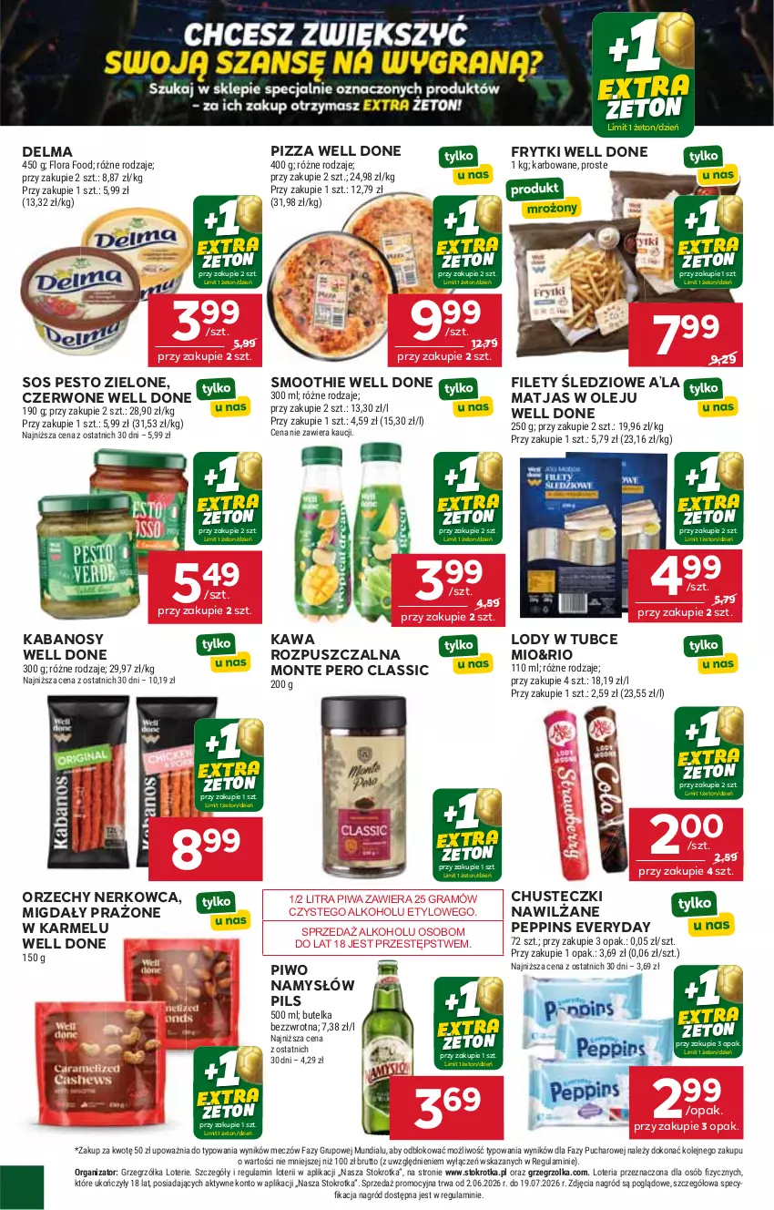 Gazetka promocyjna Stokrotka - Market - ważna 11.06 do 17.06.2026 - strona 24 - produkty: Chusteczki, Delma, Fa, Flora, Frytki, Gra, Kabanos, Kawa, Kawa rozpuszczalna, Lody, Matjas, Migdały, Monte, Namysłów, Olej, Pesto, Piwa, Piwo, Pizza, Smoothie, Sos