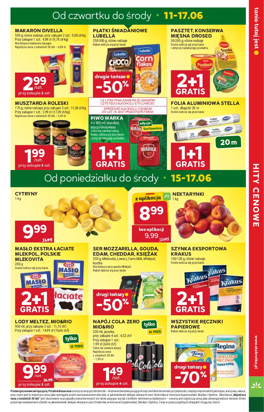 Gazetka promocyjna Stokrotka - Market - ważna 11.06 do 17.06.2026 - strona 3 - produkty: Bell, Bella, Cheddar, Cytryny, Danio, Edam, Fa, Farm Milk, Folia aluminiowa, Gouda, Gra, Krakus, Lasagne, Lody, Lubella, Makaron, Masło, Mięso, Mleko, Mlekovita, Mozzarella, Mus, Musztarda, Napój, Nektar, Optima, Owoce, Papier, Pasztet, Piwa, Piwo, Por, Ręcznik, Ręczniki papierowe, Ser, Sport, Szynka, Warka, Warzywa