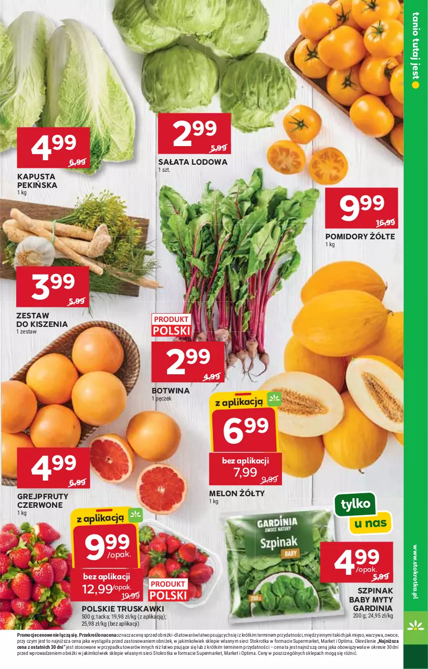 Gazetka promocyjna Stokrotka - Market - ważna 11.06 do 17.06.2026 - strona 5 - produkty: Grejpfrut, Melon, Mięso, Optima, Owoce, Pomidory, Sałat, Sałata lodowa, Szpinak, Truskawki, Warzywa