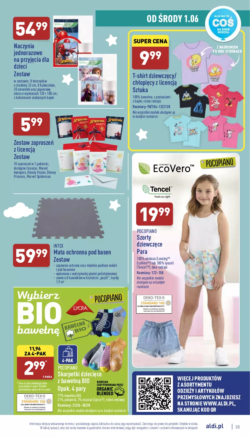 Gazetka promocyjna Aldi - Pełny katalog - ważna 30.05 do 04.06.2022 - strona 35 - produkty: Avengers, Disney, Dzieci, Frozen, Karp, Kawa, Mata ochronna, Obrus, Papier, Pocopiano, Ser, Skarpetki, Spiderman, Szorty, T-shirt, Talerz, Talerzyk, Tera, Wełna