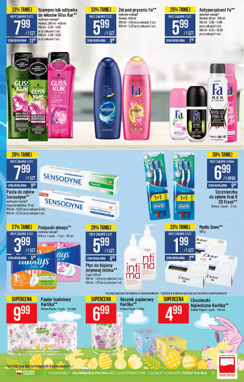 Gazetka promocyjna PoloMarket - Gazetka promocyjna  r - ważna 24.03 do 30.03.2021 - strona 51 - produkty: Always, Antyperspirant, BIC, Chusteczki, Dove, Fa, Gliss Kur, Mydło, Odżywka, Oral B, Papier, Papier toaletowy, Podpaski, Ręcznik, Szampon, Szczoteczka, Szczoteczka do zębów, Ziaja