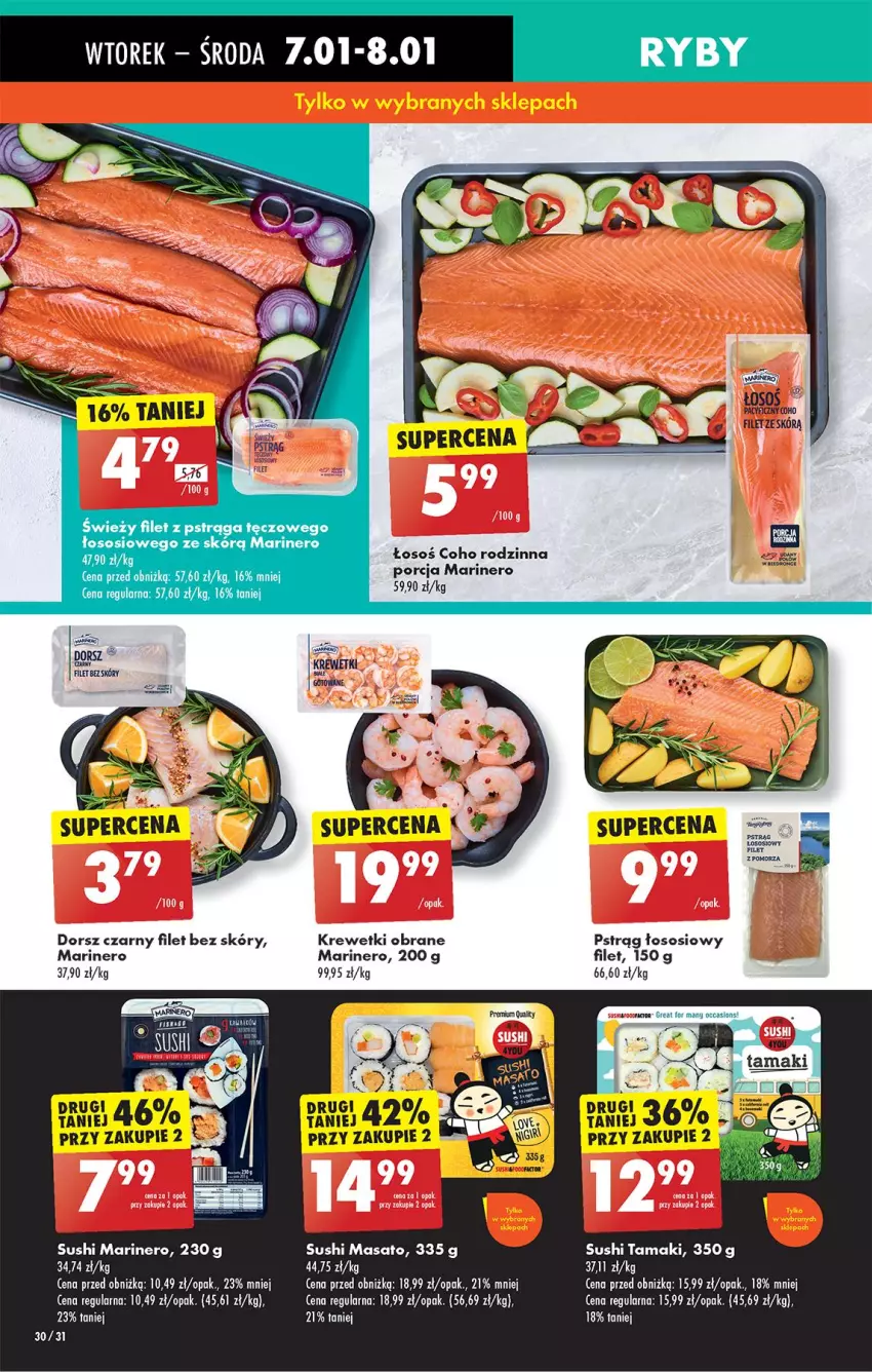 Gazetka promocyjna Biedronka - Od Wtorku - ważna 07.01 do 11.01.2025 - strona 36 - produkty: Dorsz, Fa, Filet z pstrąga, Krewetki, Por, Pstrąg, Sos, Sushi