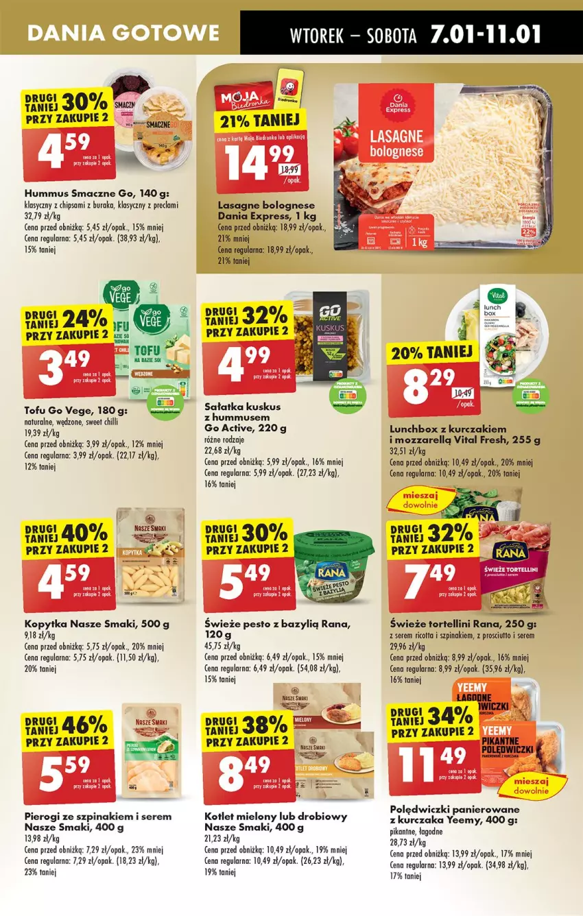 Gazetka promocyjna Biedronka - Od Wtorku - ważna 07.01 do 11.01.2025 - strona 46 - produkty: Bazyl, Fa, Hummus, Kopytka, Kotlet, Kurczak, Kuskus, Lasagne, Lasagne bolognese, Mus, Pesto, Pierogi, Polędwiczki panierowane, Prosciutto, Ricotta, Sałat, Sałatka, Ser, Szpinak, Tofu