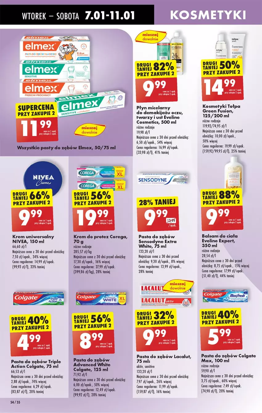 Gazetka promocyjna Biedronka - Od Wtorku - ważna 07.01 do 11.01.2025 - strona 66 - produkty: Balsam do ciała, Colgate, Corega, Elmex, Eveline, Fusion, Krem uniwersalny, Lacalut, Leon, LG, Makijaż, Nivea, Pasta do zębów, Płyn micelarny, Sensodyne, Tołpa