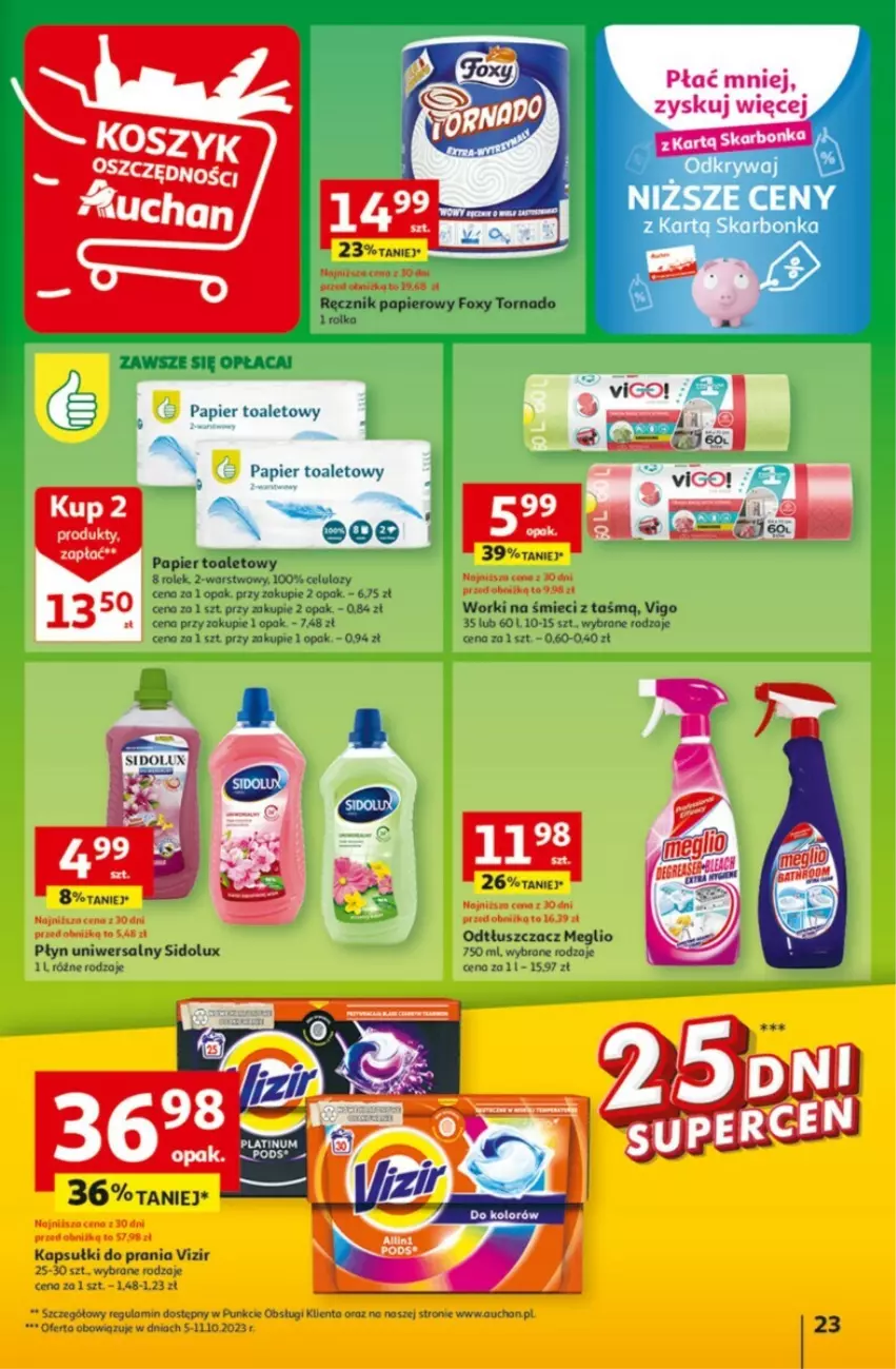 Gazetka promocyjna Auchan - ważna 05.10 do 11.10.2023 - strona 16 - produkty: Foxy, Kapsułki do prania, Odtłuszczacz, Papier, Papier toaletowy, Ręcznik, Sidolux, Vizir, Worki na śmiec, Worki na śmieci