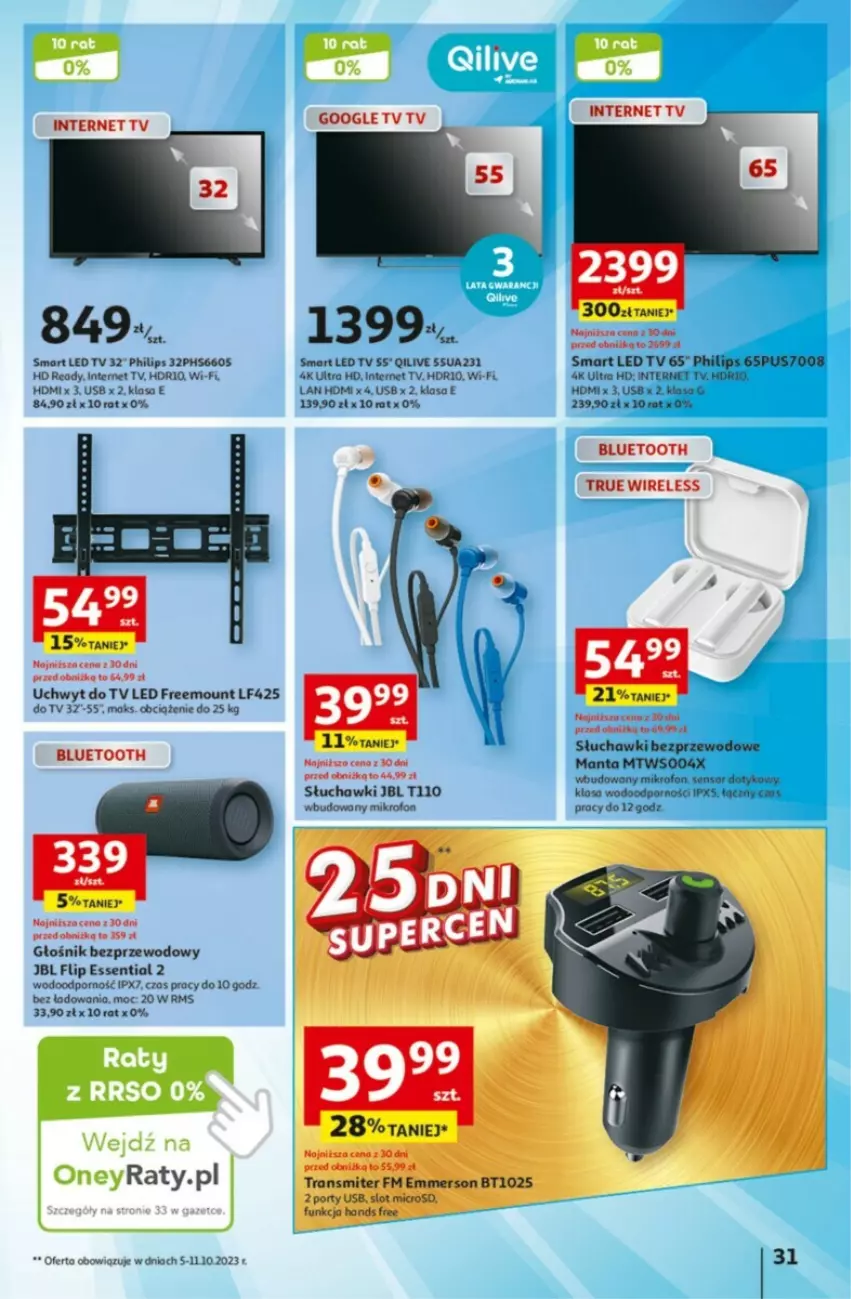 Gazetka promocyjna Auchan - ważna 05.10 do 11.10.2023 - strona 25 - produkty: Głośnik, HD ready, JBL, LED TV, Manta, Mikrofon, Philips, Por, Słuchawki, Słuchawki bezprzewodowe, Tran, Transmiter