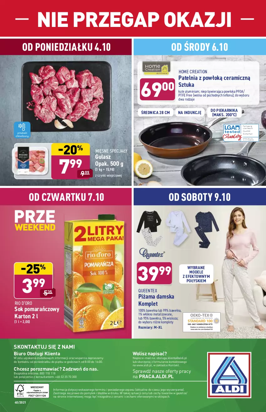 Gazetka promocyjna Aldi - OKAZJE DLA CIEBIE I DOMU - ważna 06.10 do 09.10.2021 - strona 12 - produkty: Biuro, Mięsne specjały, O nas, Patelnia, Piekarnik, Piżama, Por, Queentex, Sok, Sok pomarańczowy, Wełna