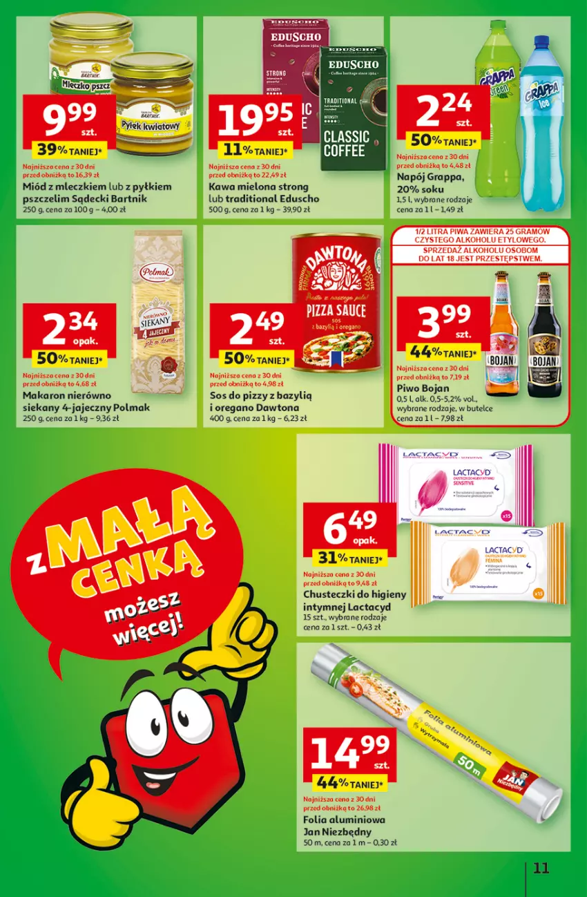 Gazetka promocyjna Auchan - z MAŁĄ CENKĄ dźwigniesz więcej! Hipermarket - ważna 06.02 do 12.02.2025 - strona 11 - produkty: Bazyl, Chusteczki, Chusteczki do higieny, Dawtona, Folia aluminiowa, Gra, Grappa, Jan Niezbędny, Kawa, Kawa mielona, Lactacyd, Lion, Makaron, Miód, Napój, Olma, Piwa, Piwo, Pizza, Sok, Sos, Sos do pizzy