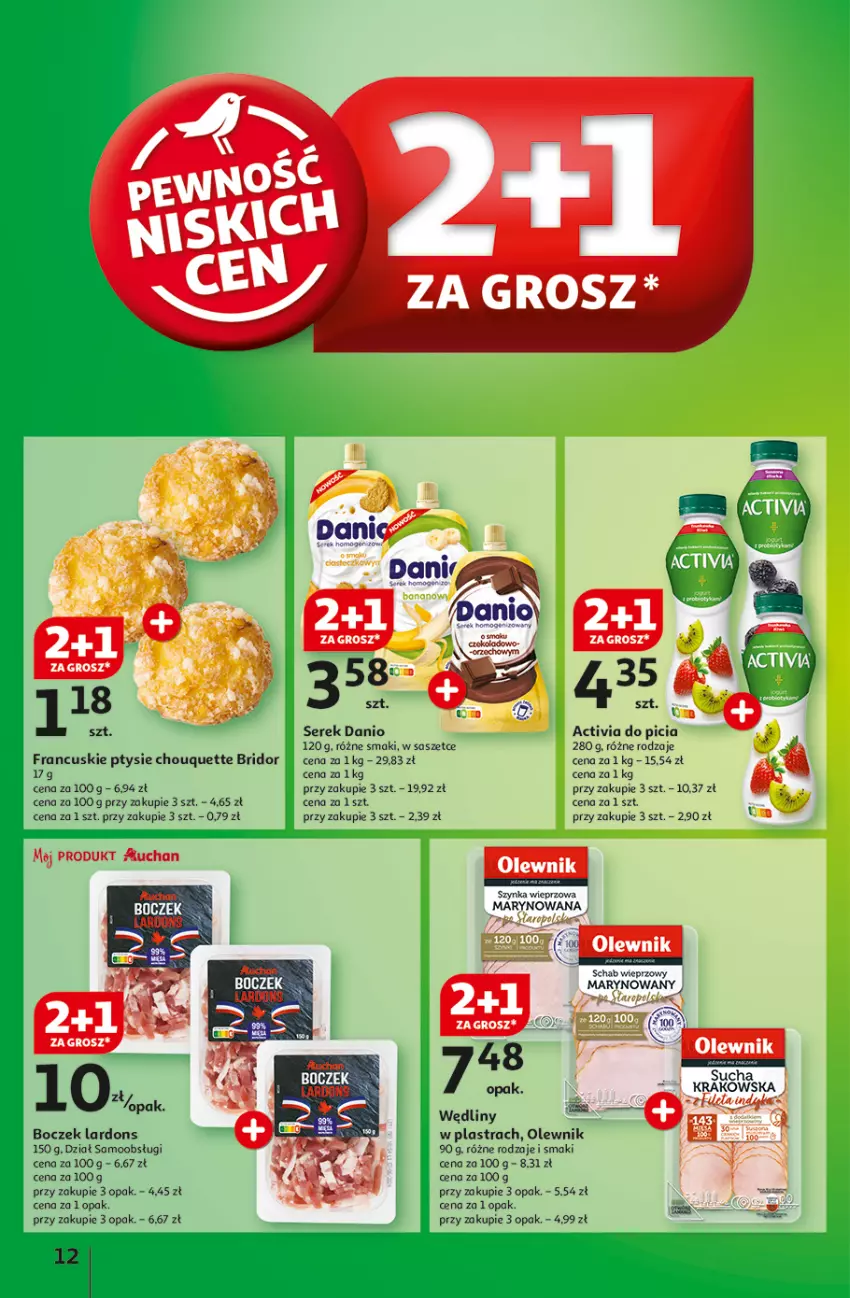 Gazetka promocyjna Auchan - z MAŁĄ CENKĄ dźwigniesz więcej! Hipermarket - ważna 06.02 do 12.02.2025 - strona 12 - produkty: Activia, Boczek, Danio, Olewnik, Schab wieprzowy, Ser, Serek, Szynka, Szynka wieprzowa