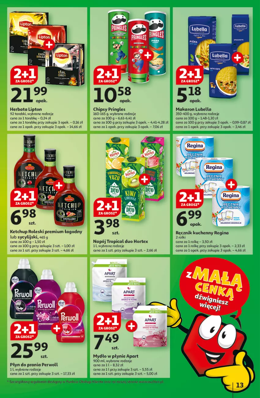 Gazetka promocyjna Auchan - z MAŁĄ CENKĄ dźwigniesz więcej! Hipermarket - ważna 06.02 do 12.02.2025 - strona 13 - produkty: Bell, Bella, Chipsy, Fa, Gin, Herbata, Hortex, Ketchup, Lipton, Lubella, Makaron, Mydło, Mydło w płynie, Napój, Perwoll, Płyn do prania, Pringles, Ręcznik, Ręcznik kuchenny, Rolki, Tran, Tropical