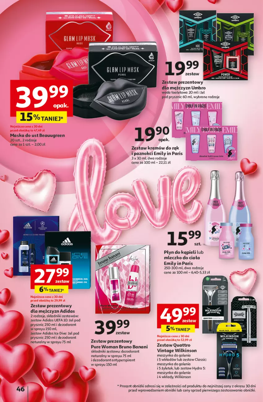 Gazetka promocyjna Auchan - z MAŁĄ CENKĄ dźwigniesz więcej! Hipermarket - ważna 06.02 do 12.02.2025 - strona 54 - produkty: Adidas, Antyperspirant, Bruno Banani, Dezodorant, Fa, Maska, Maszynka, Maszynka do golenia, Mleczko, Mleczko do ciała, Płyn do kąpieli, Pur, Szynka, Woda, Woda toaletowa, Zestaw prezentowy