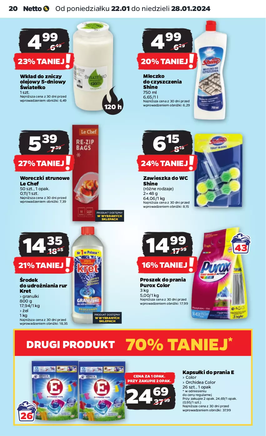 Gazetka promocyjna Netto - Artykuły spożywcze - ważna 22.01 do 28.01.2024 - strona 20 - produkty: Gra, Kapsułki do prania, Kret, Mleczko, Olej, Proszek do prania, Pur, Zawieszka do wc, Znicz