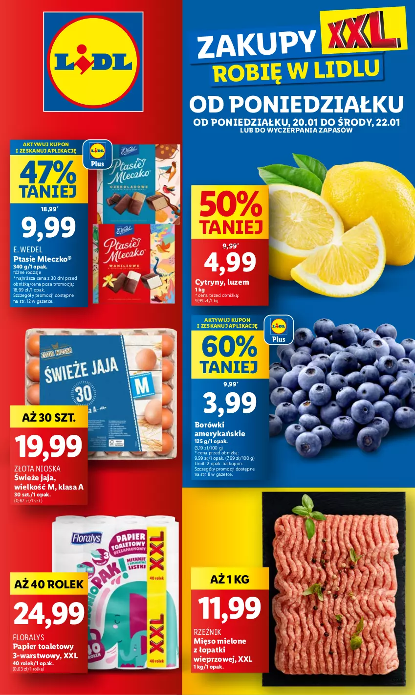 Gazetka promocyjna Lidl - GAZETKA - ważna 20.01 do 22.01.2025 - strona 1 - produkty: Cytryny, E. Wedel, Flora, Jaja, Mięso, Mięso mielone, Mięso mielone z łopatki wieprzowej, Mleczko, Papier, Papier toaletowy, Ptasie mleczko