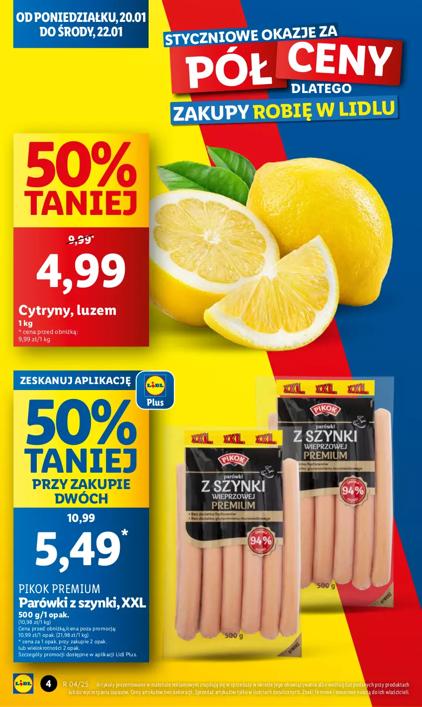 Gazetka promocyjna Lidl - GAZETKA - ważna 20.01 do 22.01.2025 - strona 4 - produkty: Cytryny, Parówki, Parówki z szynki, PIKOK