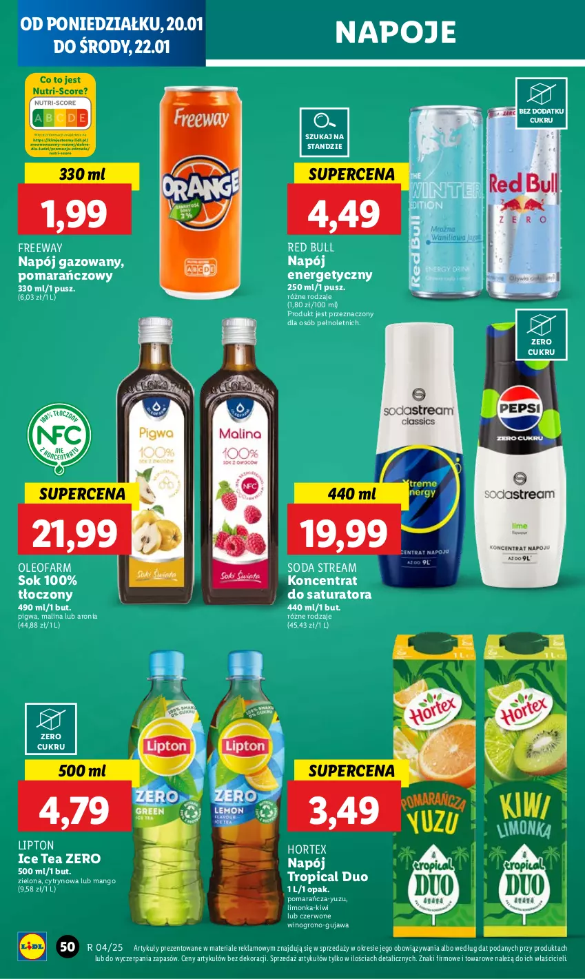 Gazetka promocyjna Lidl - GAZETKA - ważna 20.01 do 22.01.2025 - strona 52 - produkty: Aronia, Fa, Hortex, Ice tea, Kiwi, Limonka, Lipton, Mango, Napój, Napój energetyczny, Napój gazowany, Napoje, Oleo, Oleofarm, Red Bull, Sok, Tropical, Wino