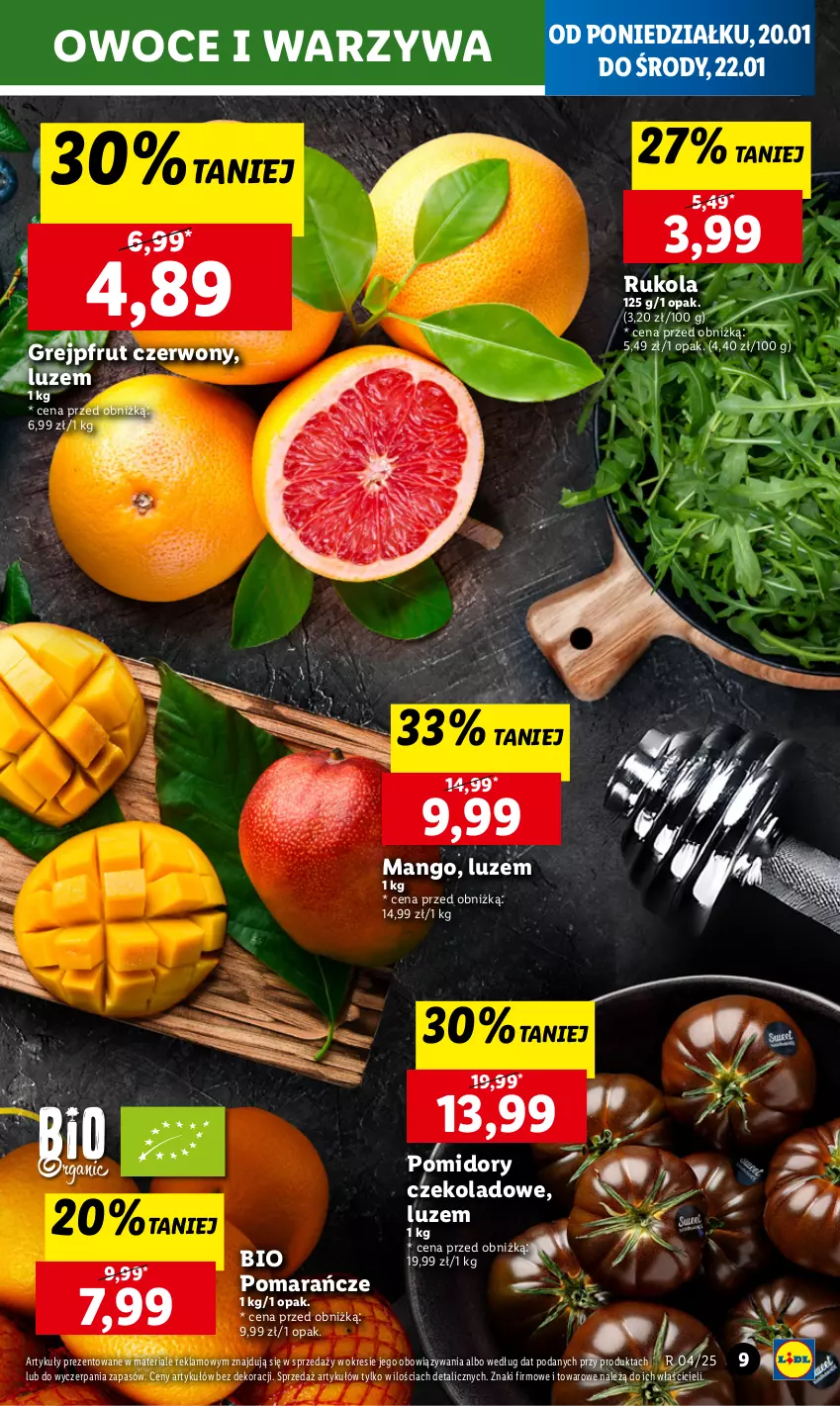 Gazetka promocyjna Lidl - GAZETKA - ważna 20.01 do 22.01.2025 - strona 9 - produkty: Grejpfrut, Mango, Owoce, Pomarańcze, Pomidory, Rukola, Warzywa