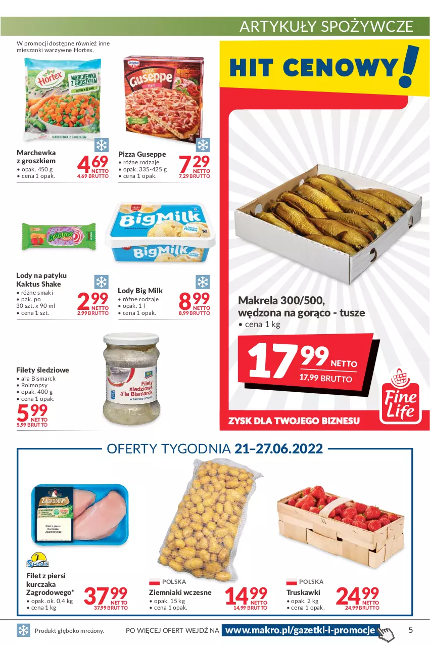 Gazetka promocyjna Makro - [Oferta promocyjna] Artykuły spożywcze i przemysłowe - ważna 14.06 do 27.06.2022 - strona 5 - produkty: Artykuły spożywcze, Big Milk, Filet z piersi kurczaka, Hortex, Kaktus, Kurczak, Lody, Marchewka, Mop, Pizza, Truskawki, Tusz, Ziemniaki