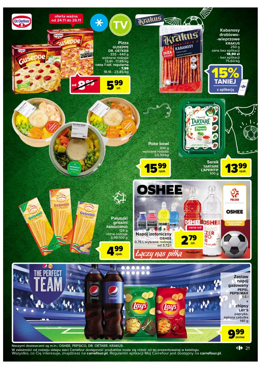 Gazetka promocyjna Carrefour - Gazetka Market - ważna 22.11 do 03.12.2022 - strona 23 - produkty: Chipsy, Dr. Oetker, Kabanos, Krakus, Napój, Napój gazowany, Napój izotoniczny, Oshee, Papryka, Pepsi, Pepsi max