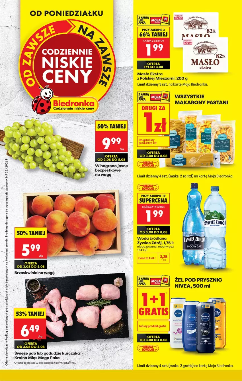 Gazetka promocyjna Biedronka - Od Poniedziałku - ważna 03.08 do 08.08.2026 - strona 1 - produkty: Fa, Gra, Kret, Kurczak, LANA, Makaron, Masło, Miecz, Nivea, Wino, Woda