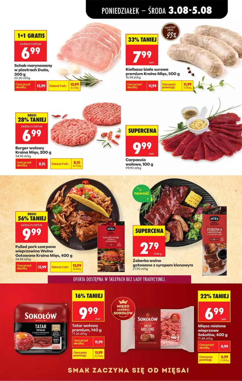 Gazetka promocyjna Biedronka - Od Poniedziałku - ważna 03.08 do 08.08.2026 - strona 29 - produkty: Burger, Carpaccio, Duda, Fa, Kiełbasa, Kiełbasa biała, Mięso, Mięso mielone, Por, Sok, Sokołów, Syrop, Wieprzowina