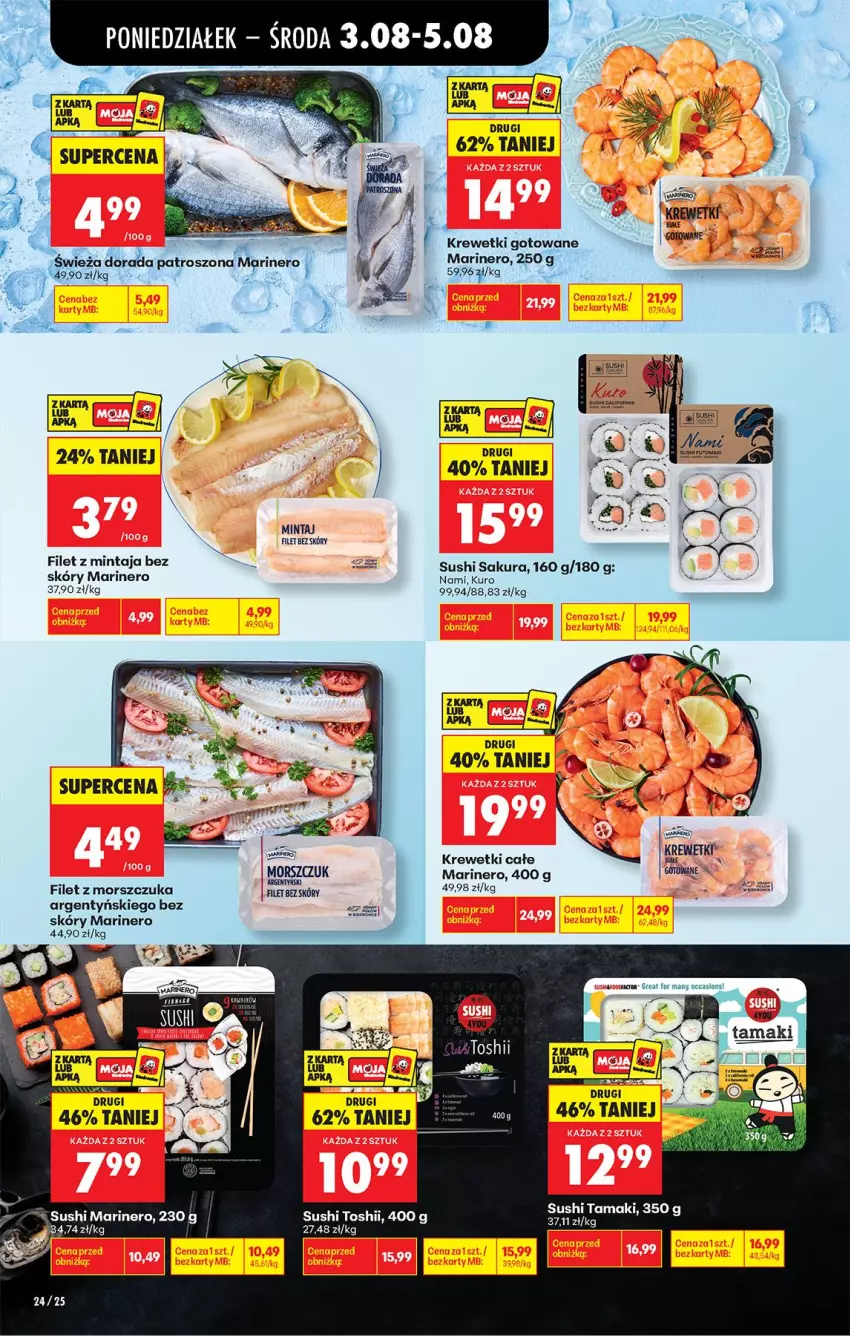 Gazetka promocyjna Biedronka - Od Poniedziałku - ważna 03.08 do 08.08.2026 - strona 30 - produkty: Filet z mintaja, Filet z morszczuka, Krewetki, Mintaj, Sushi