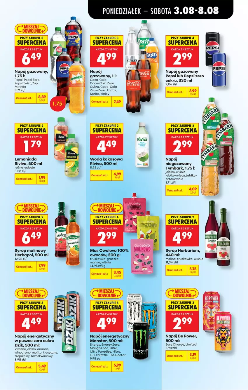 Gazetka promocyjna Biedronka - Od Poniedziałku - ważna 03.08 do 08.08.2026 - strona 61 - produkty: Ananas, Coca-Cola, Fa, Fanta, Full Throttle, Herbapol, Kokos, Lemoniada, Mięta, Mirinda, Napój, Napój energetyczny, Napój gazowany, Napój niegazowany, Pepsi, Sprite, Syrop, Tymbark, Wino, Woda