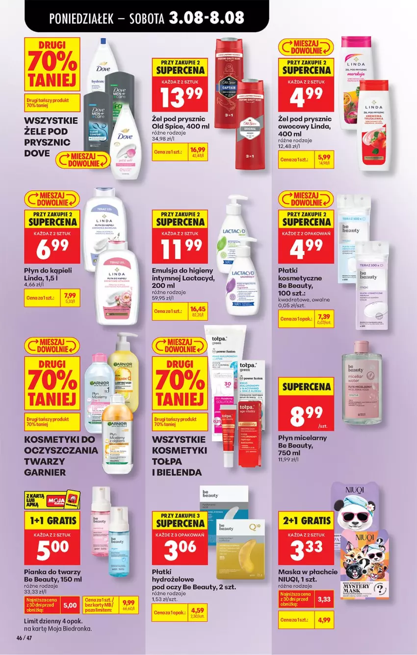 Gazetka promocyjna Biedronka - Od Poniedziałku - ważna 03.08 do 08.08.2026 - strona 66 - produkty: Be Be, Bielenda, Dove, Emulsja, Fa, Garnier, Gra, Lactacyd, Maska, Maska w płachcie, Niuqi, Nuty, Old Spice, Płatki kosmetyczne, Płyn do kąpieli, Płyn micelarny, Tera, Tołpa, Woda