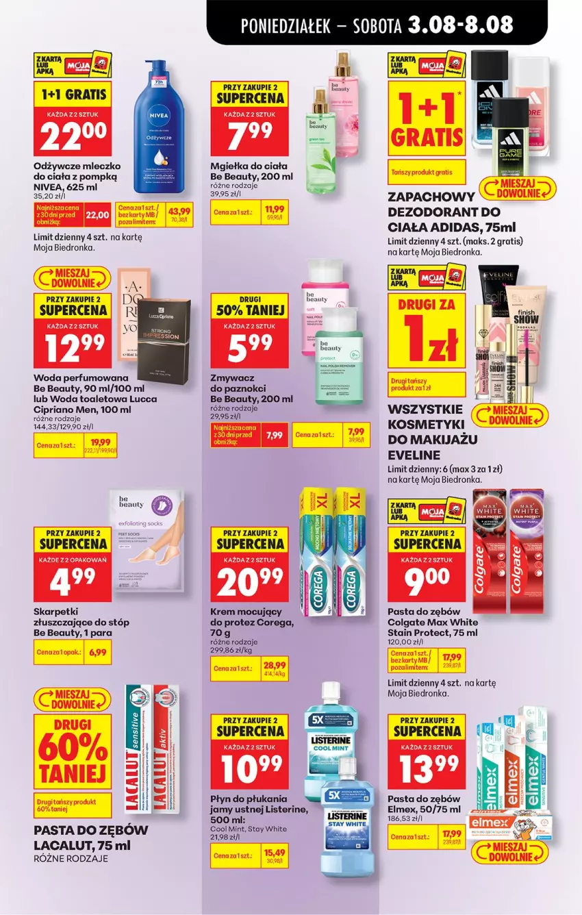 Gazetka promocyjna Biedronka - Od Poniedziałku - ważna 03.08 do 08.08.2026 - strona 67 - produkty: Adidas, Be Be, Colgate, Corega, Dezodorant, Elmex, Eveline, Gra, Karp, Lacalut, LG, Listerine, Mleczko, Nivea, Pasta do zębów, Perfum, Płyn do płukania, Skarpetki, Top, Woda, Woda perfumowana, Woda toaletowa