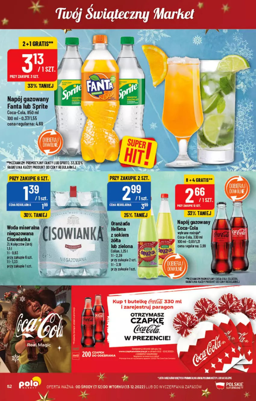 Gazetka promocyjna PoloMarket - Gazetka pomocyjna - ważna 07.12 do 13.12.2022 - strona 52 - produkty: Cisowianka, Coca-Cola, Fa, Fanta, Gra, Hellena, Napój, Napój gazowany, Sok, Sprite, Woda, Woda mineralna