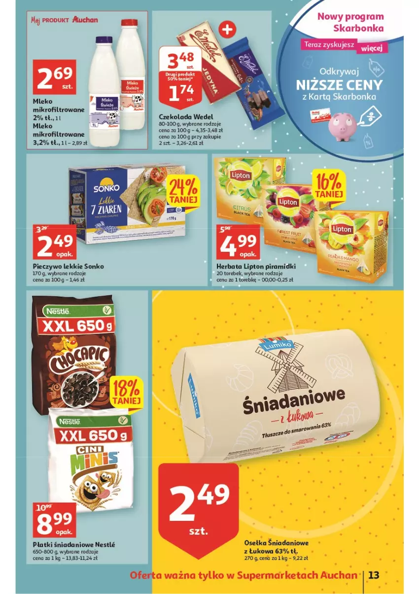 Gazetka promocyjna Auchan - Wiosenne superoferty są w cenie Supermarkety - ważna 05.05 do 11.05.2022 - strona 13 - produkty: Czekolada, Danio, Gra, Herbata, Lipton, Mleko, Mleko mikrofiltrowane, Piec, Pieczywo, Sonko, Tera