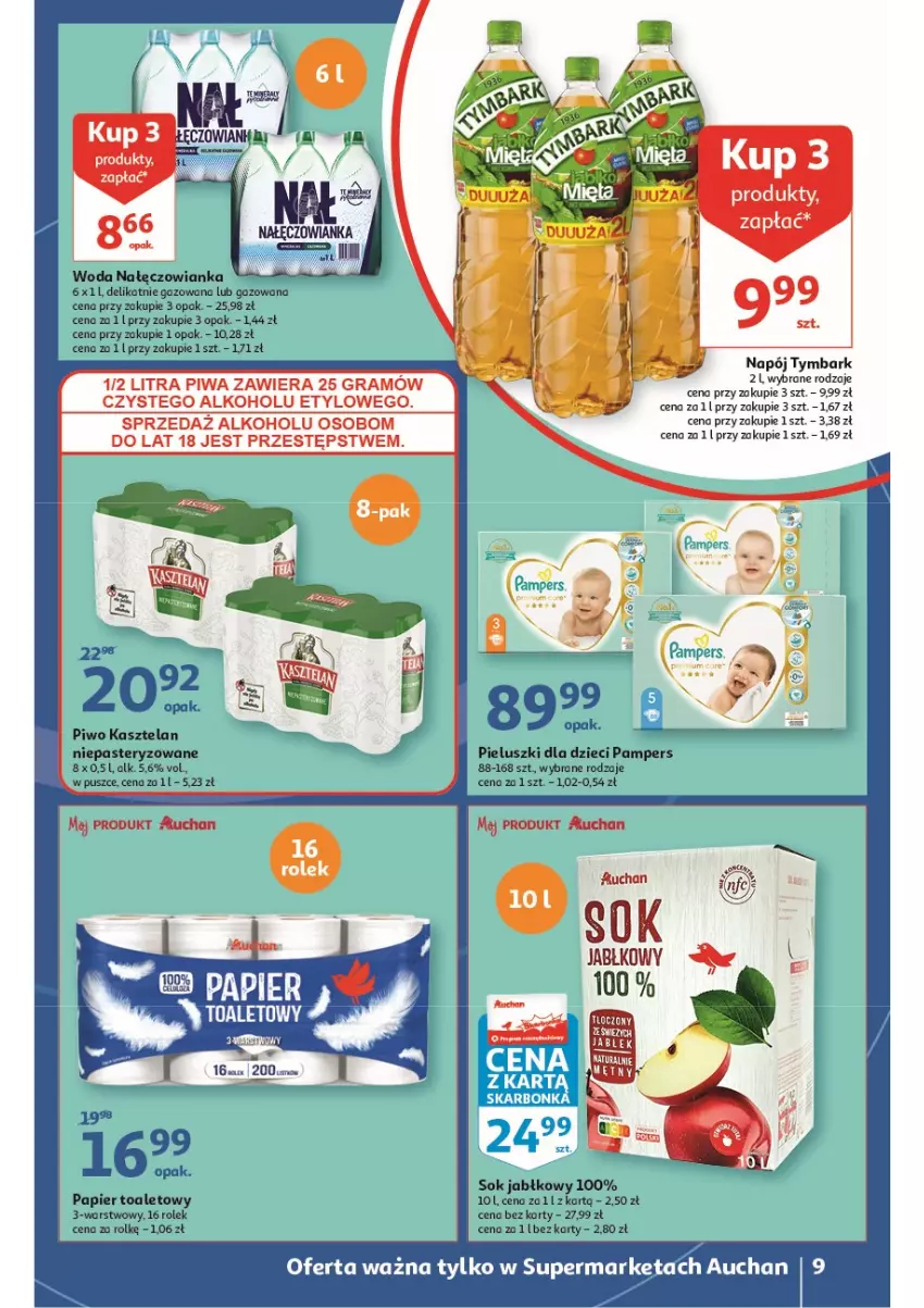 Gazetka promocyjna Auchan - Wiosenne superoferty są w cenie Supermarkety - ważna 05.05 do 11.05.2022 - strona 9 - produkty: Dzieci, Gra, Kasztelan, Nałęczowianka, Napój, Pampers, Papier, Papier toaletowy, Piwa, Piwo, Sok, Sok jabłkowy, Tymbark, Woda