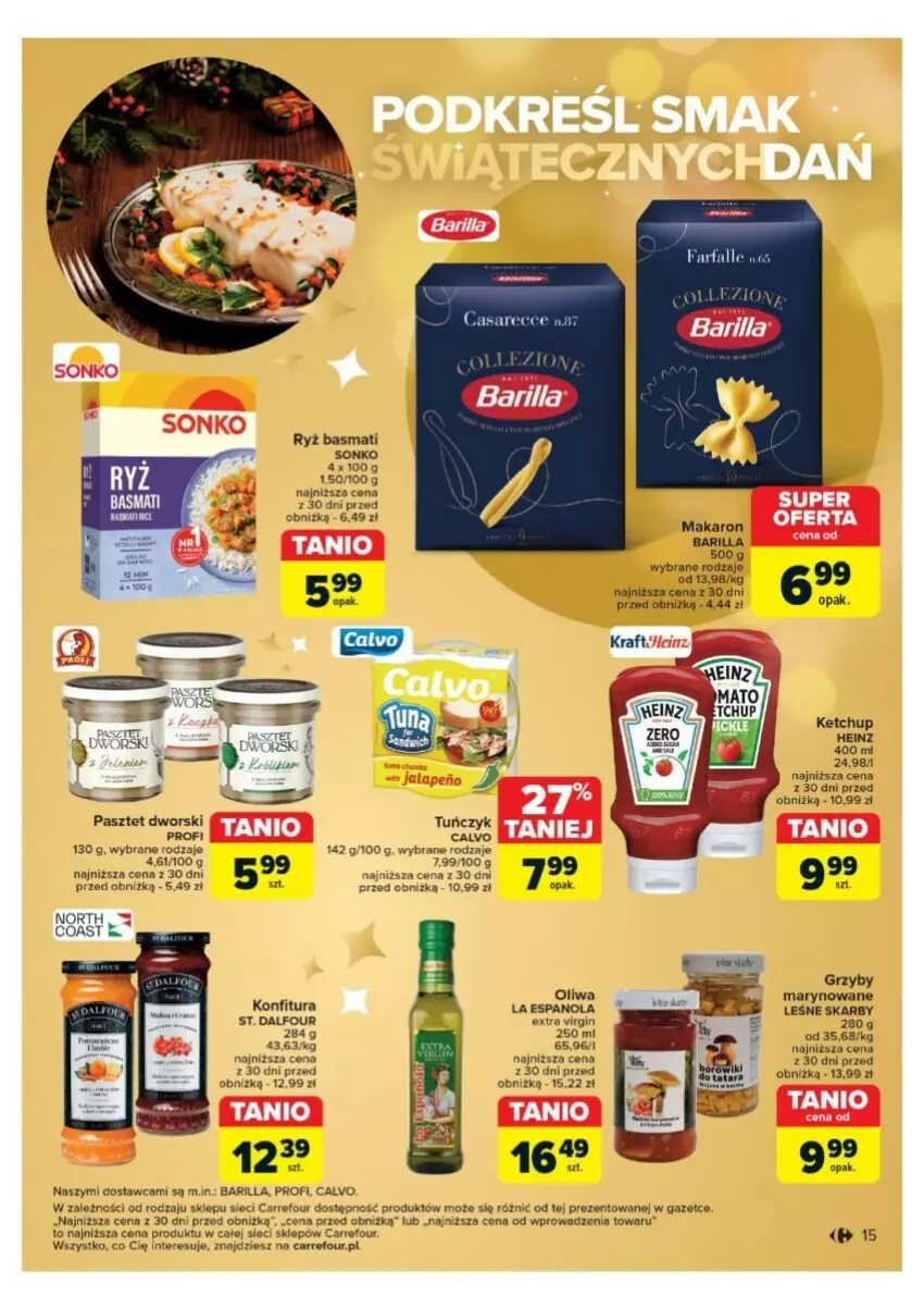 Gazetka promocyjna Carrefour - ważna 03.12 do 24.12.2024 - strona 7 - produkty: Barilla, Gin, Grzyby, Grzyby marynowane, Heinz, Ketchup, Makaron, Oliwa, Pasztet, Ryż, Ryż basmati, Sonko, Tuńczyk