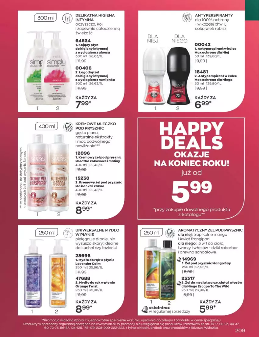 Gazetka promocyjna Avon - Katalog Avon 12/2022 kampania grudzień - ważna 01.12 do 31.12.2022 - strona 209 - produkty: Antyperspirant, Kakao, Kokos, Maliny, Mango, Maślanka, Mleczko, Mydło, Por, Rum, Sandał