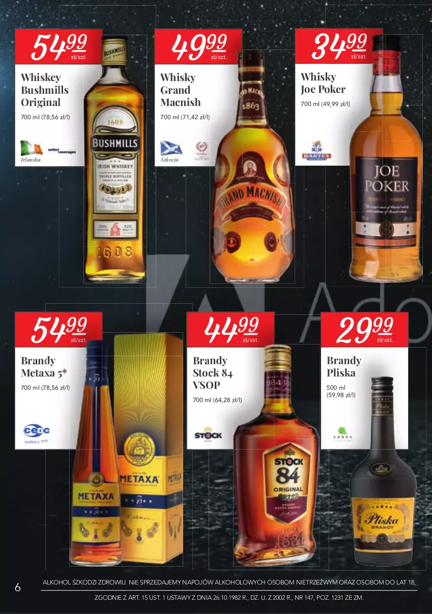 Gazetka promocyjna Stokrotka - Oferta alkoholowa - ważna 28.01 do 24.02.2021 - strona 6 - produkty: Brandy, Bushmills, Gin, Gra, Koc, Metaxa, Pliska, Stock, Whiskey, Whisky