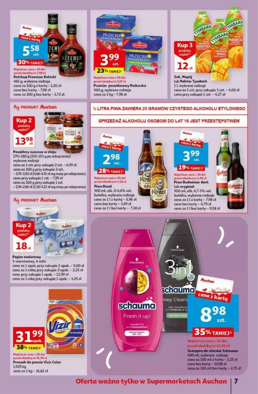 Gazetka promocyjna Auchan - ważna 09.11 do 15.11.2023 - strona 7 - produkty: Gin, Gra, Ketchup, Kozel, Napój, Nektar, Olej, Papier, Papier toaletowy, Piwa, Piwo, Podravka, Pomidory, Proszek do prania, Rolki, Schauma, Ser, Sok, Tymbark, Vizir