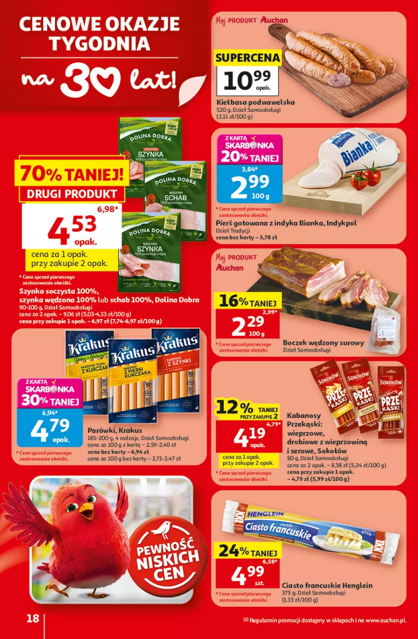 Gazetka promocyjna Auchan - 30 Lat Hipermarket - ważna 30.07 do 05.08.2026 - strona 18 - produkty: Bianka, Boczek, Ciasto francuskie, Kabanos, Kiełbasa, Kiełbasa podwawelska, Krakus, Parówki, Ser, Sok, Sokołów, Wawel