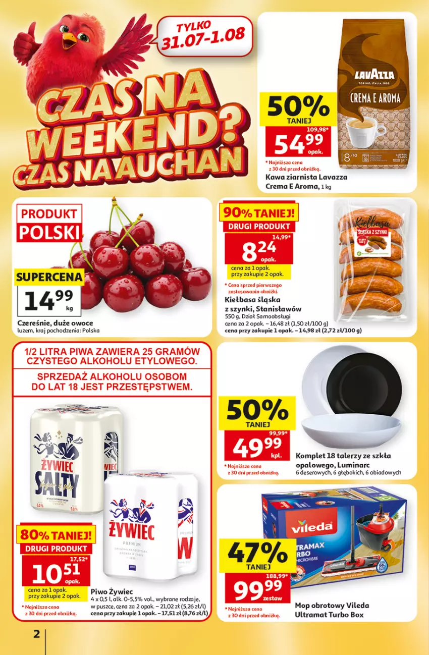 Gazetka promocyjna Auchan - 30 Lat Hipermarket - ważna 30.07 do 05.08.2026 - strona 2 - produkty: Deser, Kawa, Kawa ziarnista, Kiełbasa, Kiełbasa śląska, Lavazza, Mop, Owoce, Piwo, Rama, Ser, Talerz, Vileda