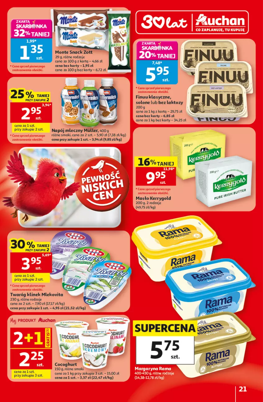 Gazetka promocyjna Auchan - 30 Lat Hipermarket - ważna 30.07 do 05.08.2026 - strona 21 - produkty: Fa, Finuu, Masło, Mleko, Mlekovita, Monte, Napój, Napój mleczny, Twaróg, Zott