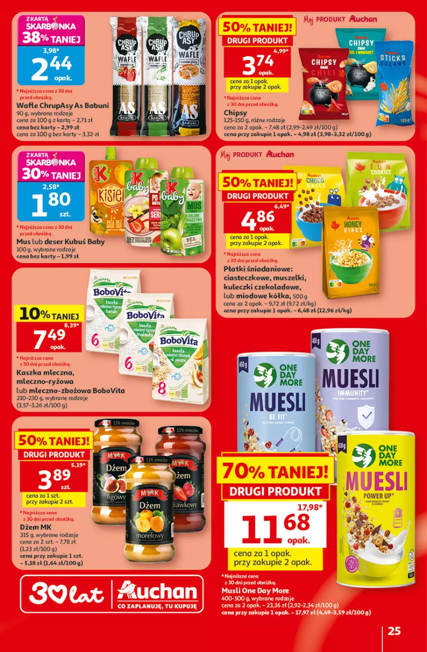 Gazetka promocyjna Auchan - 30 Lat Hipermarket - ważna 30.07 do 05.08.2026 - strona 25 - produkty: Babuni, BoboVita, Chipsy, Danio, Deser, Dżem, Kubuś, Mus, Ryż, Ser, Wafle