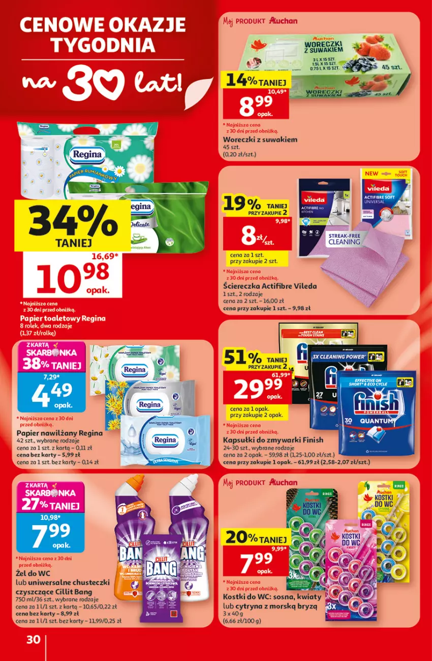 Gazetka promocyjna Auchan - 30 Lat Hipermarket - ważna 30.07 do 05.08.2026 - strona 30 - produkty: Chusteczki, Cillit Bang, Finish, Gin, Papier, Sos, Vileda, Zmywarki