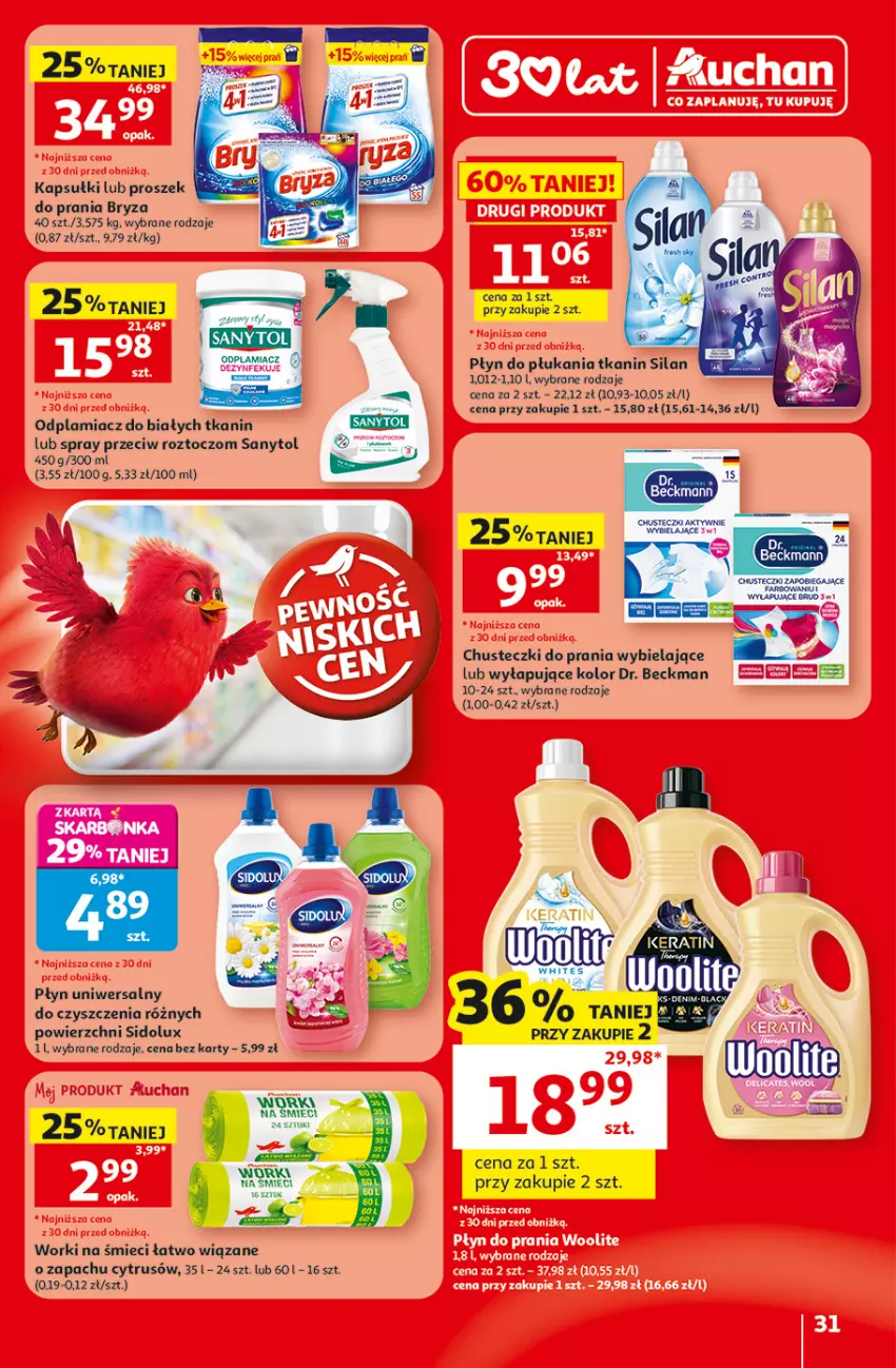 Gazetka promocyjna Auchan - 30 Lat Hipermarket - ważna 30.07 do 05.08.2026 - strona 31 - produkty: Bryza, Odplamiacz, Płyn do płukania, Proszek do prania, Sanytol, Sidolux, Silan, Worki na śmiec, Worki na śmieci
