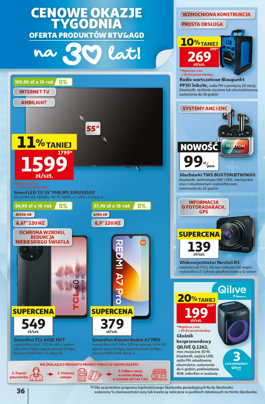 Gazetka promocyjna Auchan - 30 Lat Hipermarket - ważna 30.07 do 05.08.2026 - strona 36 - produkty: Akumulator, Bateria, Głośnik, Gra, Intel, LED TV, Mikrofon, Navitel, Philips, Silan, Słuchawki, Smartfon, Top, Wideorejestrator