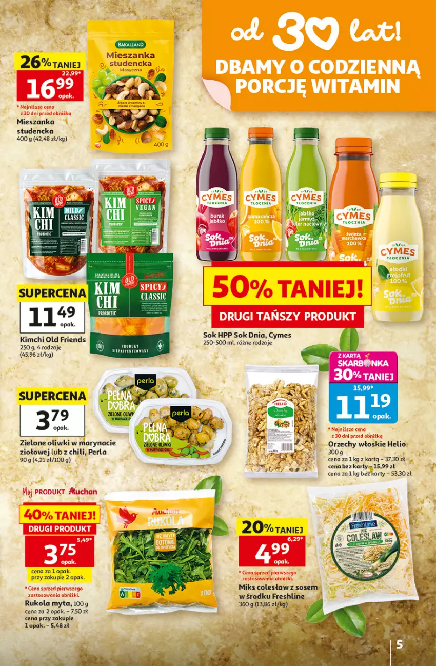 Gazetka promocyjna Auchan - 30 Lat Hipermarket - ważna 30.07 do 05.08.2026 - strona 5 - produkty: Helio, HP, Mieszanka studencka, Oliwki, Orzechy włoskie, Rukola, Sok, Sos